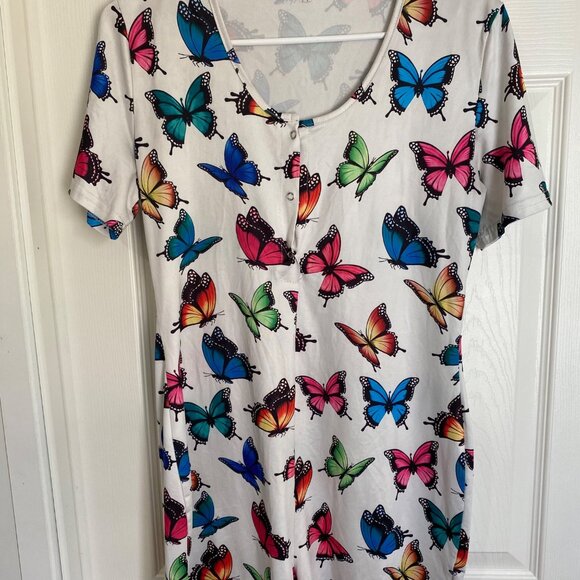Womens Butterfly Print Short Sleeve Button-Up Shorts Jumpsuit - Picture 1 of 4